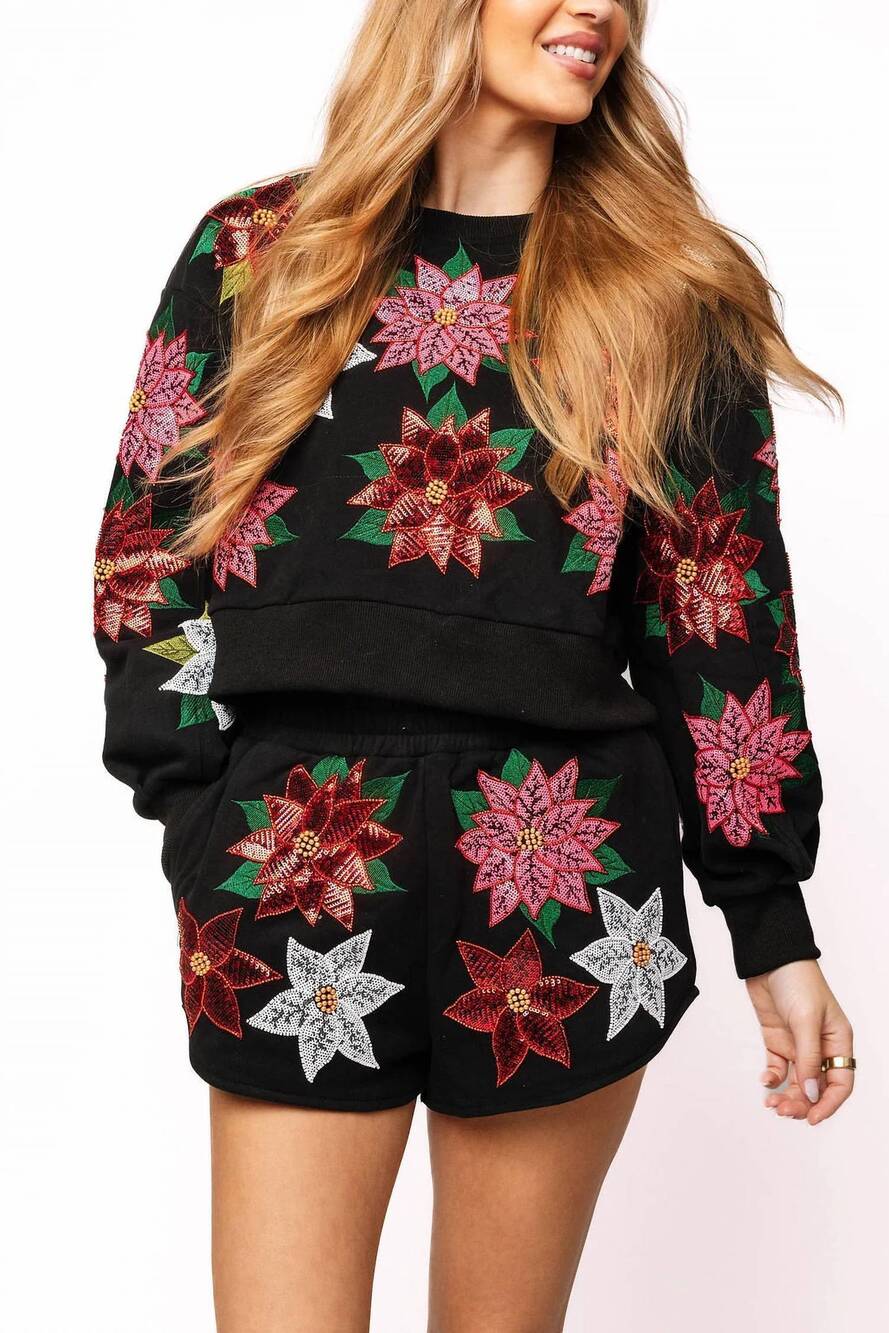 NEW QUEEN OF SPARKLES poinsettia crewneck sweatshirt in black